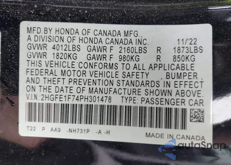 2023 Honda Civic Ex/Ex W/O Bsi z USA, uszkodzony, nr VIN 2HGFE1F74PH301478